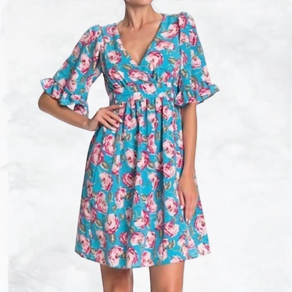 Betsey Johnson Blue Floral Fit & Flare Dress – Size 4p - Picture 4 of 13